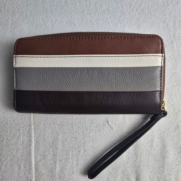 Fossil Jori Zip Clutch Wristlet Brown Neutral Striped Wallet 8x4 Boho Zip Around - Picture 1 of 10